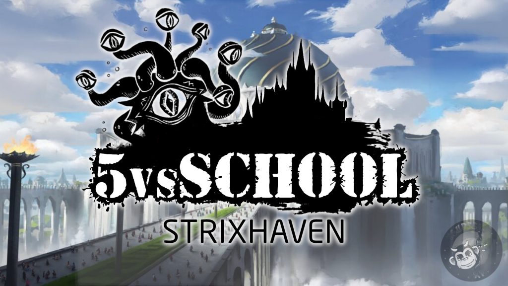 Logo der Spielrunde mit einer Schule und einem Beholder im Hintergrund sowie dem Schriftzug "5 vs. school"
