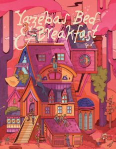 Cover vom Rollenspiel "Yazeba's Bed & Breakfast", gezeichnetes Haus, bunt mit vorwiegenden Rottönen