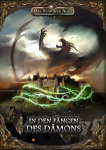Cover des Abenteuers "In den Fängen des Dämons" für DSA 5. Zu sehen ist eine Burg auf einem Berg, die von dämonischem Grün umrankt wird sowie ein hoch in den Nachthimmel aufragender Schatten eines Dämons.