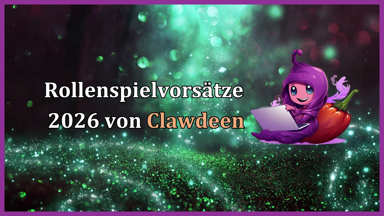 Abstrakter Hintergrund mit grünen Sparkles und Clawdeens Logo neben dem Titel des Artikels: Rollenspielvorsätze 2026 von Clawdeen