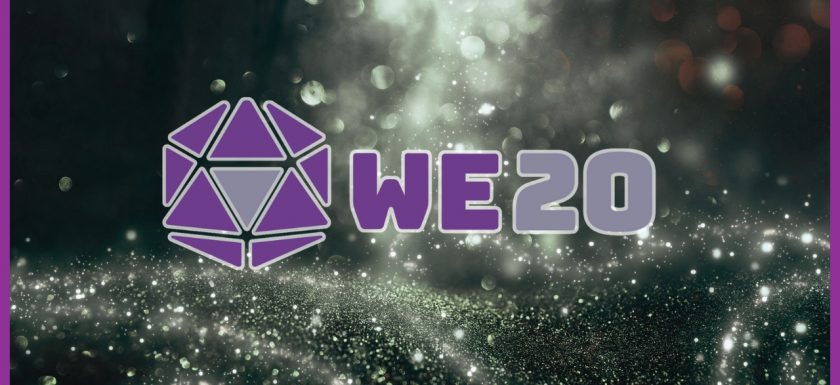 We20-Logo (Würfelsymbol, daneben WE20 als Schrift) vor einem Hintergrund mit Sparkles in Grautönen