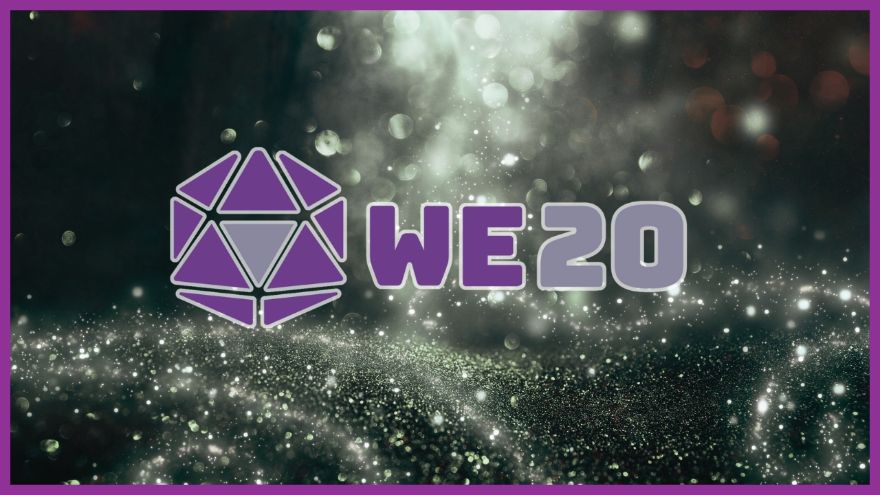 We20-Logo (Würfelsymbol, daneben WE20 als Schrift) vor einem Hintergrund mit Sparkles in Grautönen