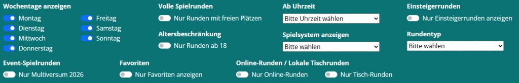 Suchmaske von WE20 mit den einzelnen Kriterien wie wählbare Wochentage, Uhrzeiten, Altersbeschränkung usw.