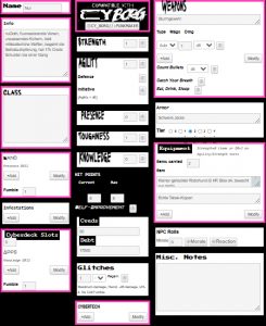 Einsicht in das übersichtliche Charakterblatt von Cy_Borg auf Roll20. Hintergrund schwarz, Rahmen pink, Rest weiß.